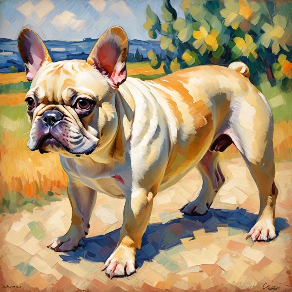 french bulldog in the style of cezanne, highlighting classic brush strokes and an elegant, timeless look.