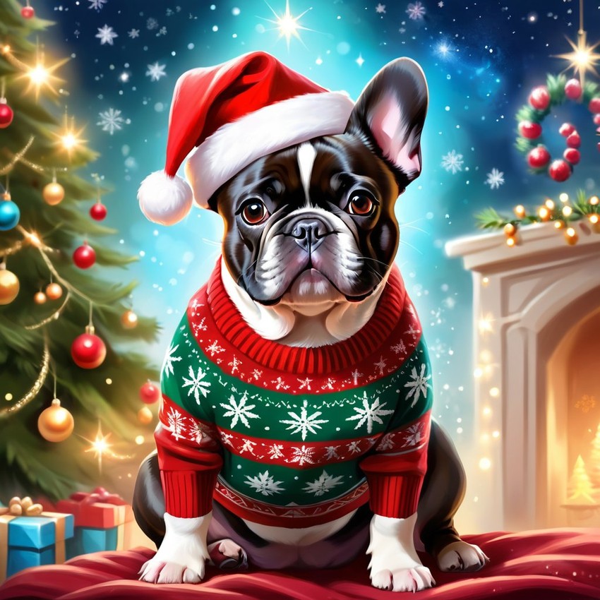 french bulldog in a christmas sweater and santa hat, ethereal and magical.