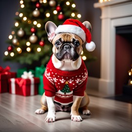 french bulldog in a christmas sweater and santa hat, festive and detailed.