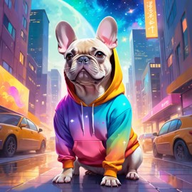 french bulldog in a colorful hoodie, with a magical urban background highlighting a cute and happy vibe.