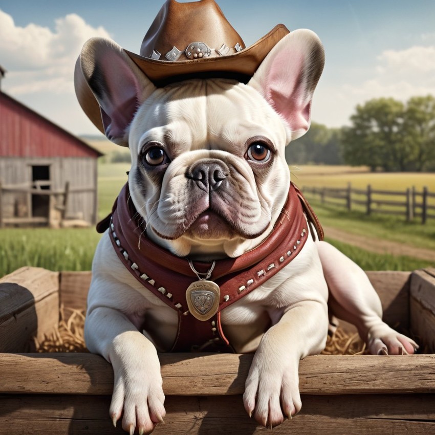 french bulldog as a cowboy wearing a hat, in the midwest countryside, on a farm.