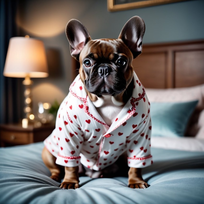 french bulldog in cute pyjamas, relaxing in a beautiful posh bedroom, highlighting happiness and coziness.