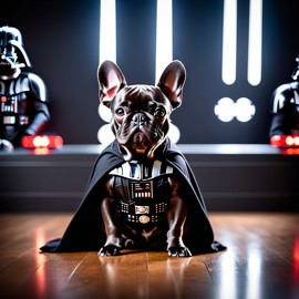 french bulldog as darth vader from star wars, dressed as darth vader in a detailed star wars scene.