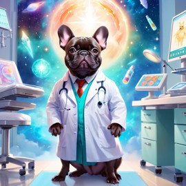 french bulldog as a doctor in a magical hospital setting, ethereal and dreamy with celestial details.