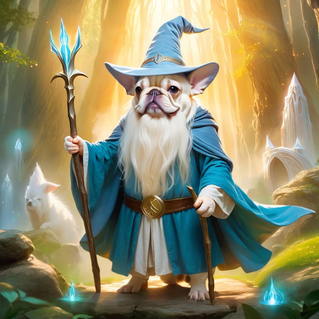 french bulldog as gandalf, with a white beard and magical surroundings, ethereal and majestic.