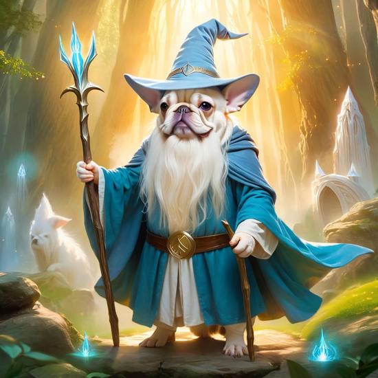 Fantasy dog wizard in blue robe and pointy hat holding magical staff, digital art style with glowing crystals and mystic background