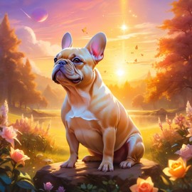 french bulldog during golden hour, with a celestial and magical atmosphere, capturing their beauty in a dreamy setting.