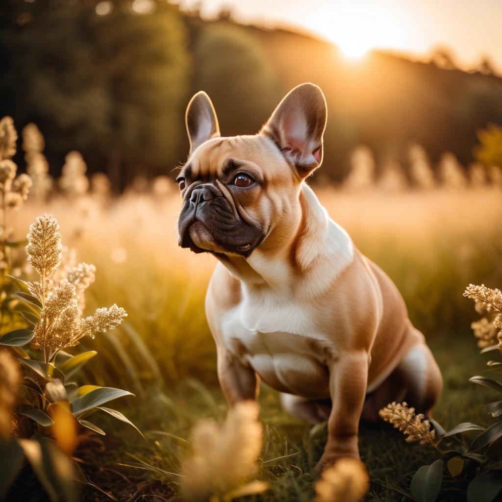 french bulldog in golden hour light, highlighting their beauty in nature with a moody and detailed atmosphere.