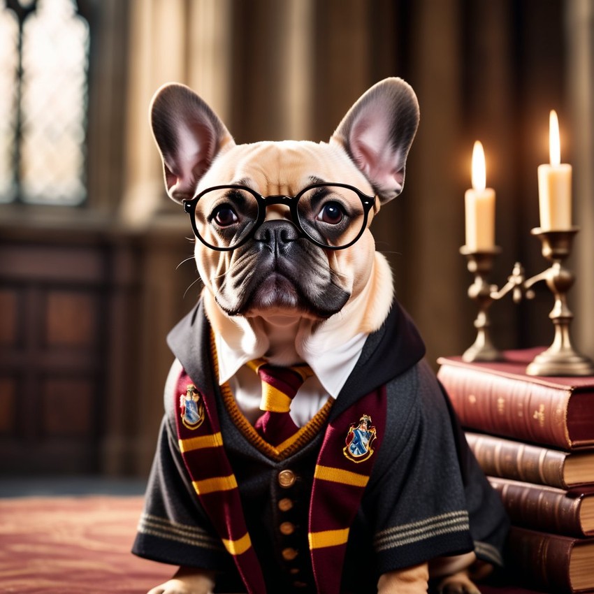 french bulldog as harry potter, with glasses and hogwarts setting, capturing the magical and epic essence.