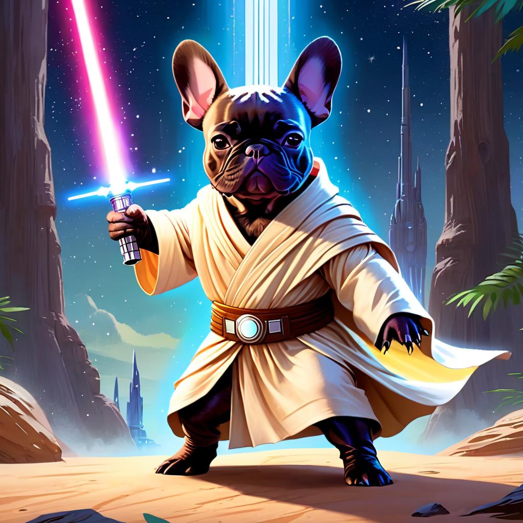 french bulldog as a jedi knight, with a lightsaber and star wars backdrop in a celestial, painterly style.