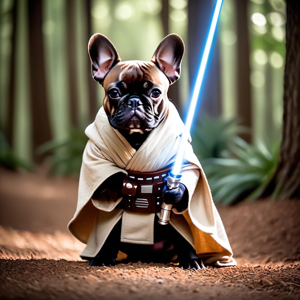 french bulldog as a jedi knight, featuring a lightsaber and a star wars environment in a high-detail, epic style.