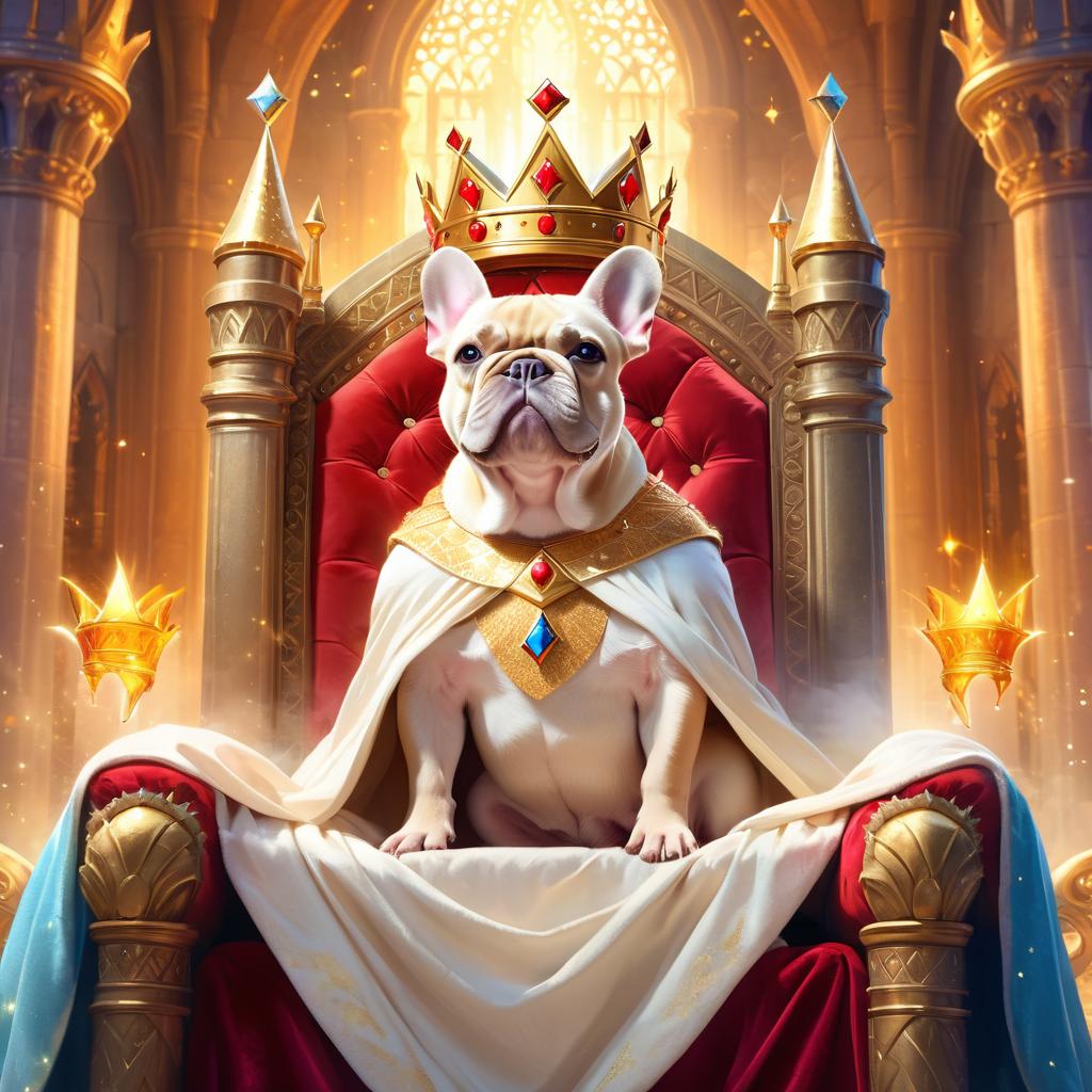 ethereal fantasy art of french bulldog as a king in a magical castle, wearing a crown and robe with a majestic, painterly style.