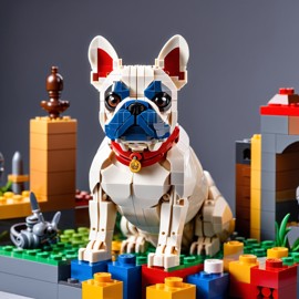 french bulldog made of lego bricks in a professional studio photo, detailed and colorful lego environment.