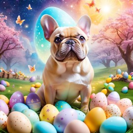 french bulldog in a magical easter setting with colorful eggs, ethereal and dreamy details.