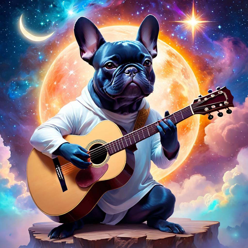 french bulldog as a musician in an ethereal fantasy setting, playing guitar with a majestic and magical touch.