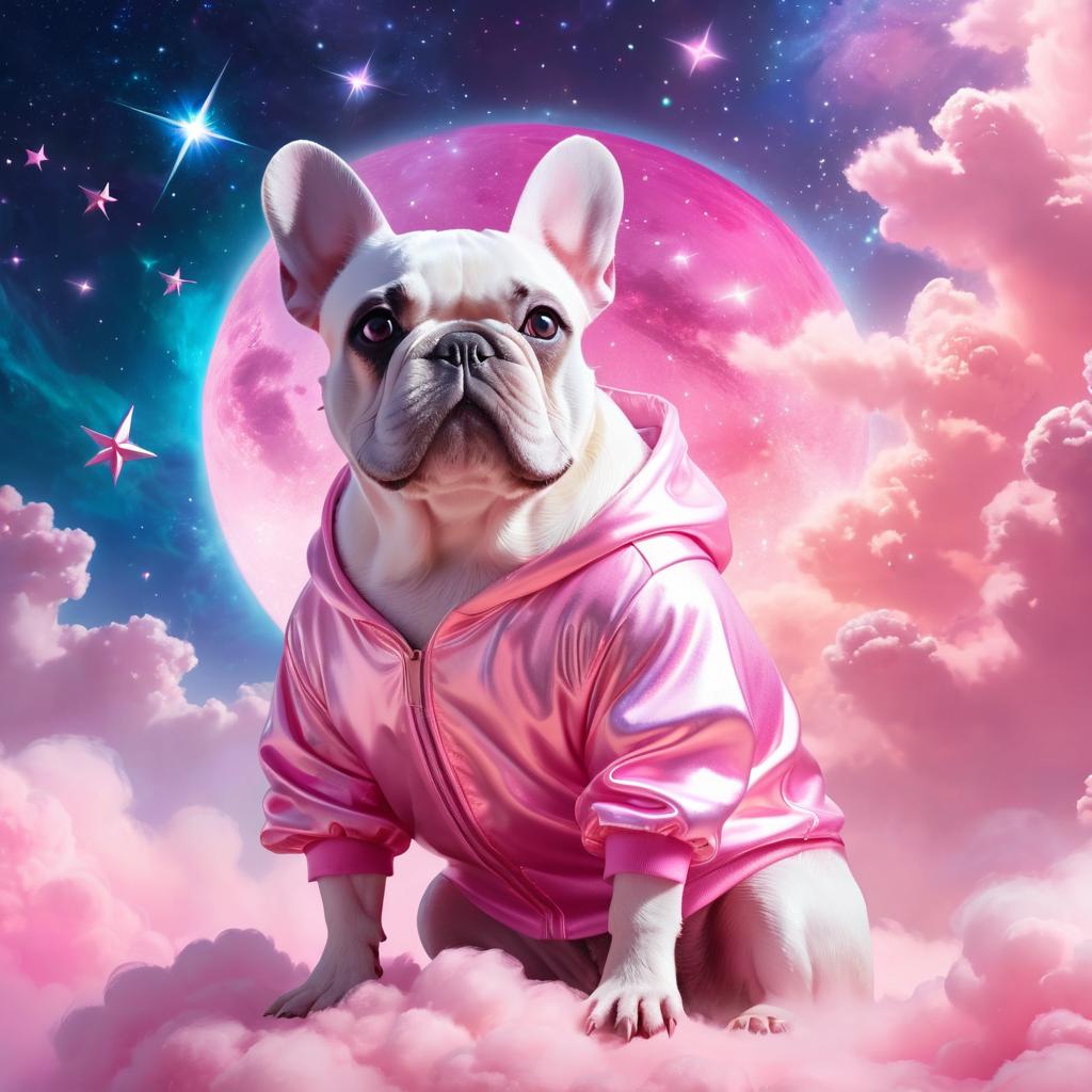 french bulldog in pink clothing, set in a beautiful pink scene with a dreamy, magical vibe.