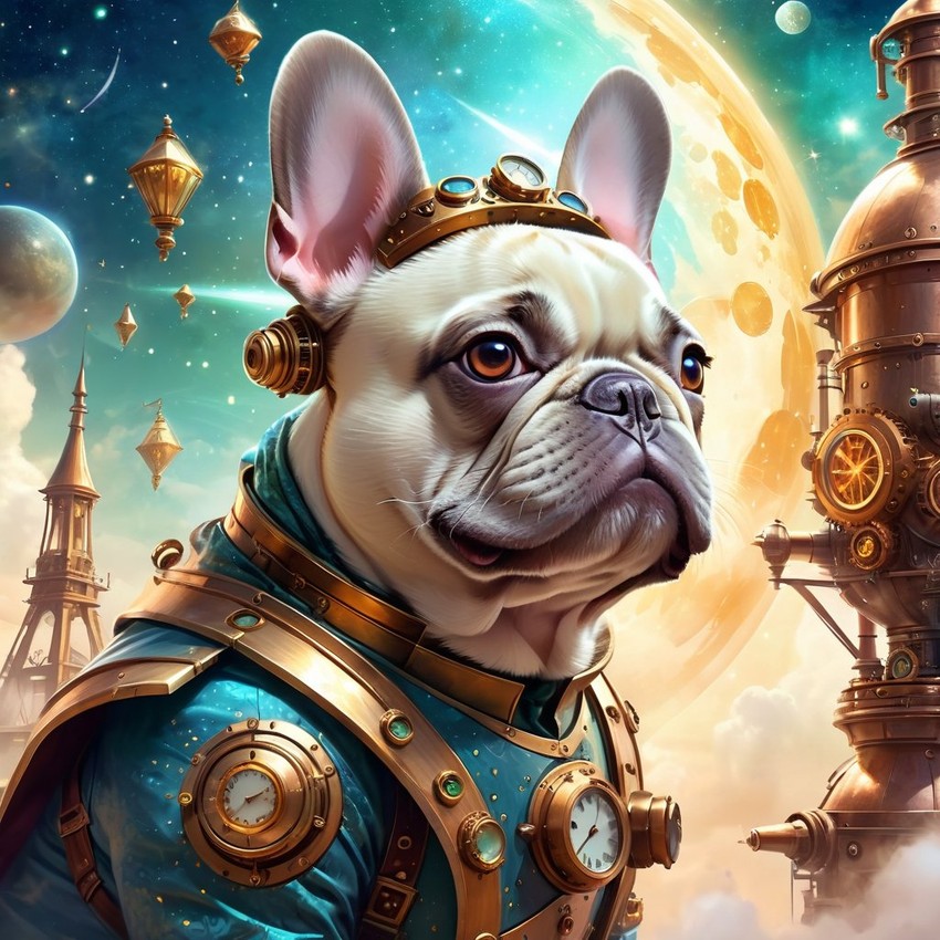 french bulldog in a steampunk style, cute and happy, with a magical and painterly quality.