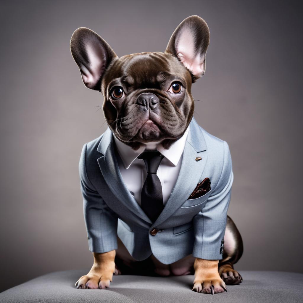 french bulldog in a stylish suit, posing against a diffused background, looking cute and professional.