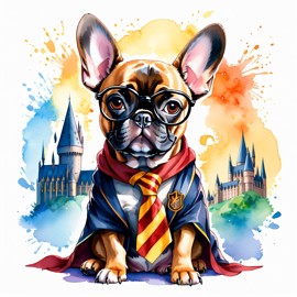 watercolor painting of french bulldog as harry potter, complete with glasses and hogwarts backdrop, highlighting a vibrant and magical scene.