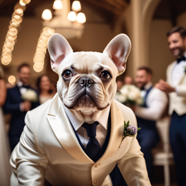 french bulldog in a beautiful wedding suit, capturing a cute and happy moment in a romantic environment.