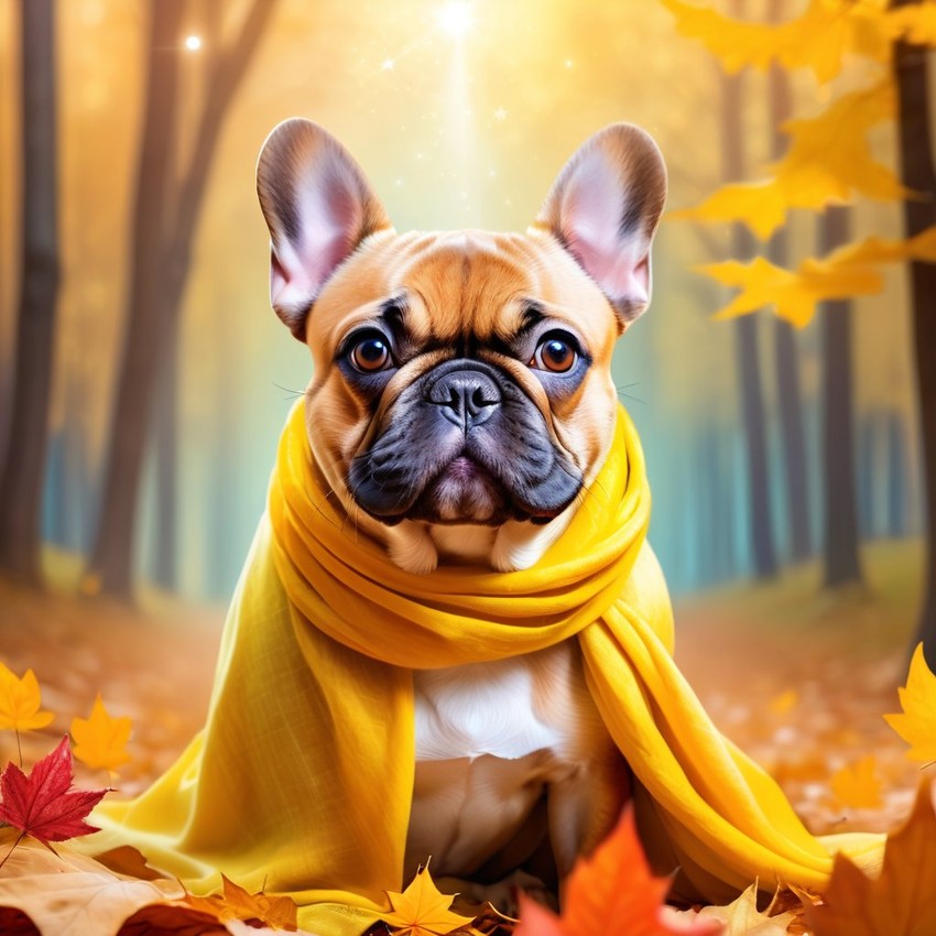 french bulldog in a yellow scarf, ethereal and magical style.