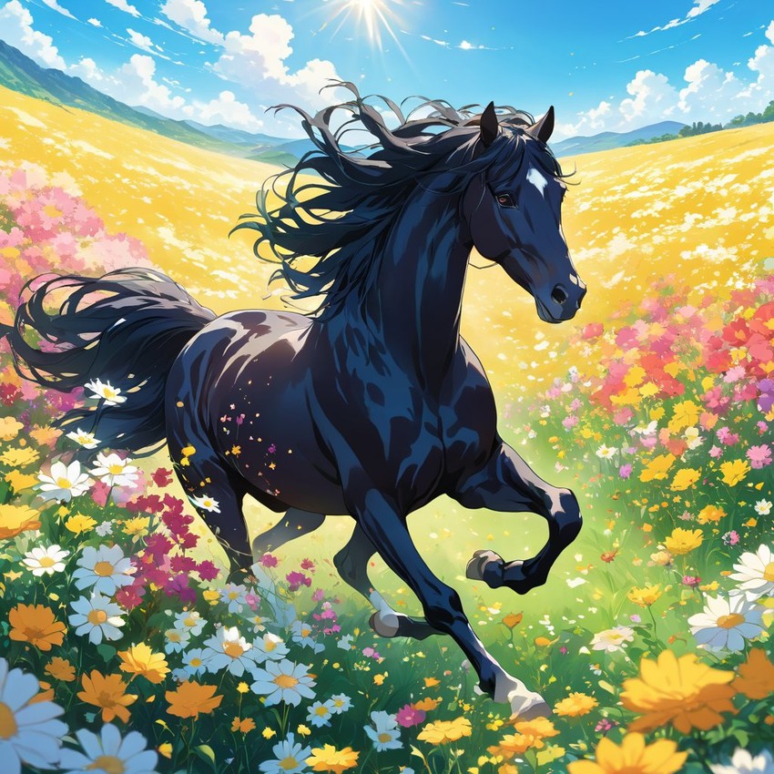 anime artwork of friesian horse running through a vibrant field of flowers with clear blue skies.