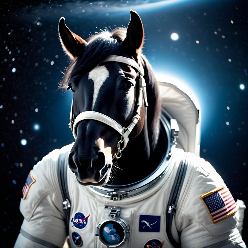 friesian horse as astronaut in space, wearing spacesuit, with spacestation background.