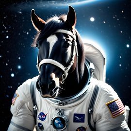 friesian horse as astronaut in space, wearing spacesuit, with spacestation background.