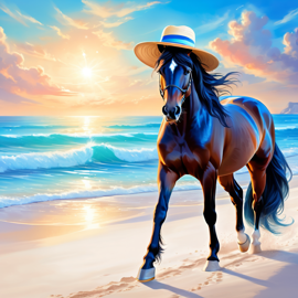 friesian horse on a beach with white sand and blue sea, wearing sunglasses and summer hat.