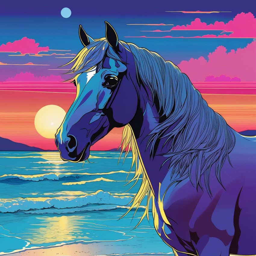 anime artwork of friesian horse in city pop style, retro vaporwave, night view, summer beach scene.