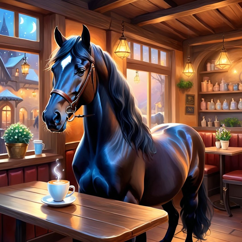 friesian horse sitting in a cozy coffee shop, ethereal and magical.