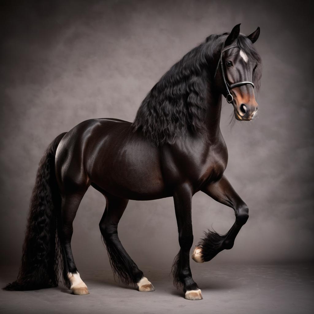 friesian horse with a diffused background, capturing their natural beauty in a cute and elegant pose.