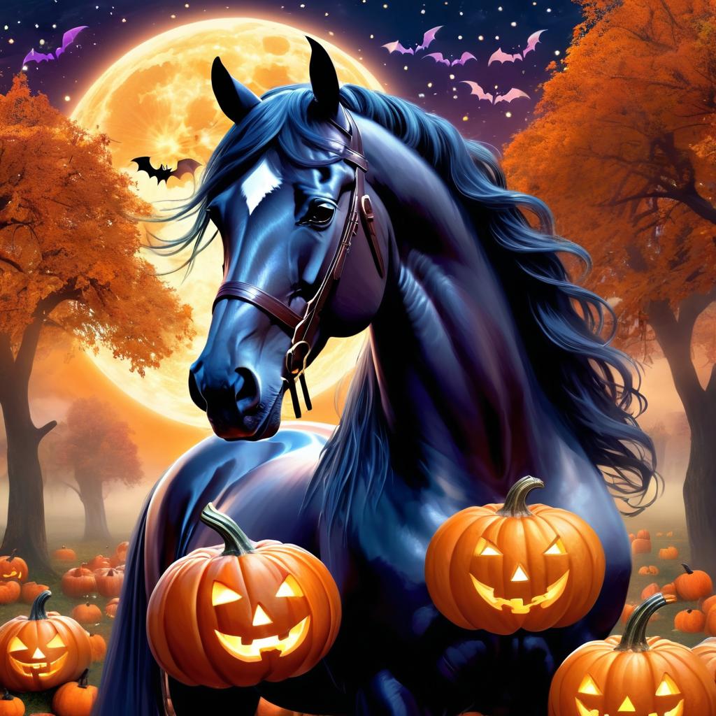 friesian horse in a halloween costume, with a magical and ethereal atmosphere surrounded by pumpkins.