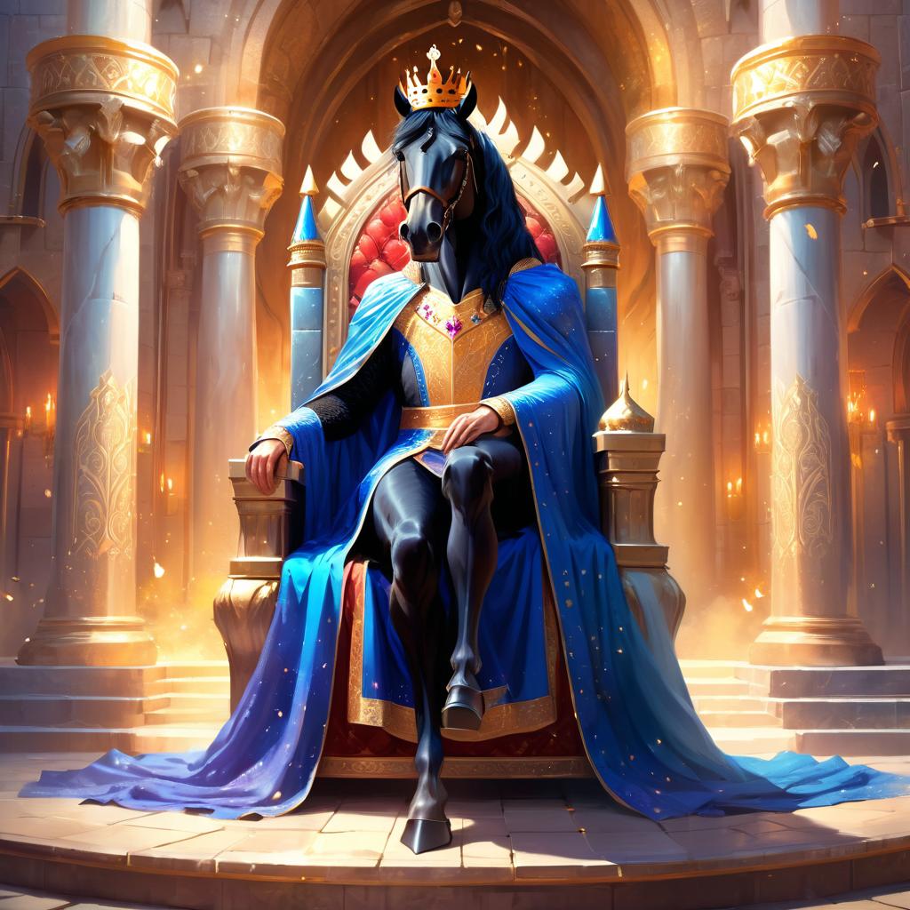 ethereal fantasy art of friesian horse as a king in a magical castle, wearing a crown and robe with a majestic, painterly style.