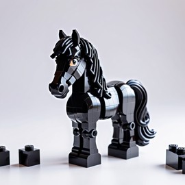 friesian horse made of lego bricks in a professional studio photo, detailed and colorful lego environment.