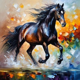 knife oil painting of friesian horse in the style of leonid afremov and degas, featuring vibrant, textured brushstrokes.