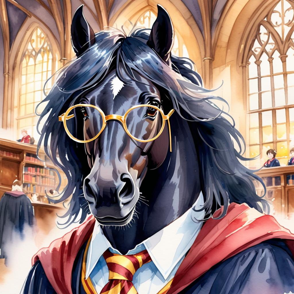 watercolor painting of friesian horse as harry potter, complete with glasses and hogwarts backdrop, highlighting a vibrant and magical scene.