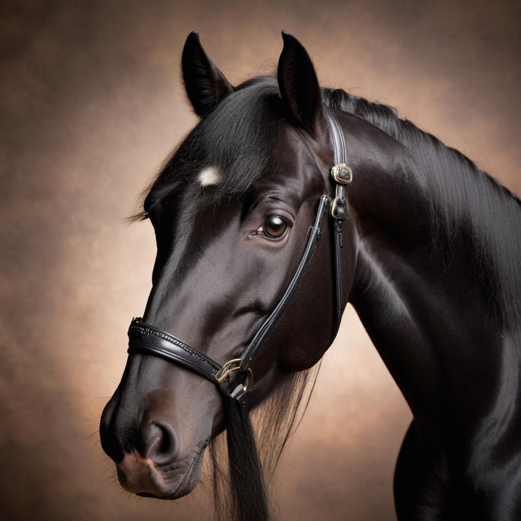 professional headshot of friesian horse for a cv or linkedin, studio photo with diffused background.