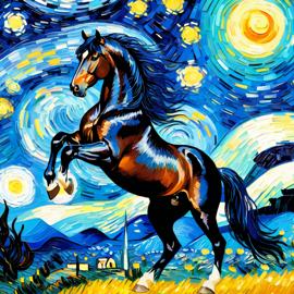 friesian horse by van gogh, featuring starry night brush strokes, capturing a cute and happy expression.