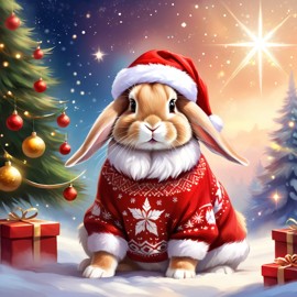 american fuzzy lop rabbit in a christmas sweater and santa hat, ethereal and magical.