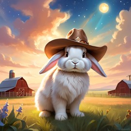 american fuzzy lop rabbit as a cowboy wearing a hat, in the midwest countryside, on a farm.