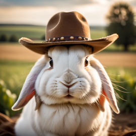 american fuzzy lop rabbit as a cowboy wearing a hat, in the midwest countryside, on a farm.