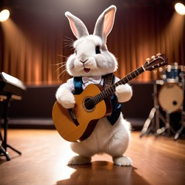 american fuzzy lop rabbit as a musician playing guitar in a cinematic concert hall, capturing dynamic and high-energy performance.