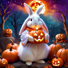 american fuzzy lop rabbit in a halloween costume, with a magical and ethereal atmosphere surrounded by pumpkins.