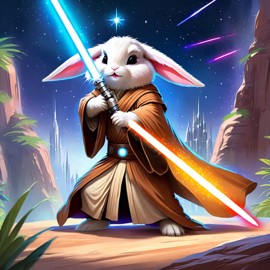 american fuzzy lop rabbit as a jedi knight, with a lightsaber and star wars backdrop in a celestial, painterly style.