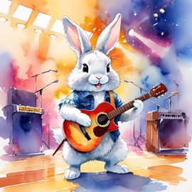 american fuzzy lop rabbit as a musician in a watercolor painting, playing guitar in a vibrant and detailed concert hall scene.