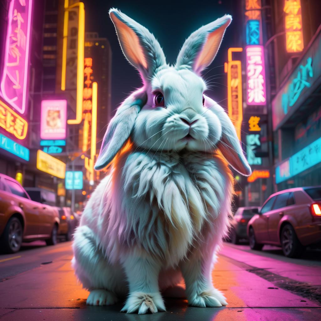 american fuzzy lop rabbit in a vibrant neon city with chinapunk style, featuring captivating lighting and a modern, exotic look.