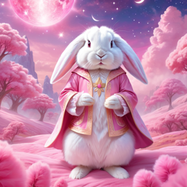 american fuzzy lop rabbit in pink clothing, set in a beautiful pink scene with a dreamy, magical vibe.