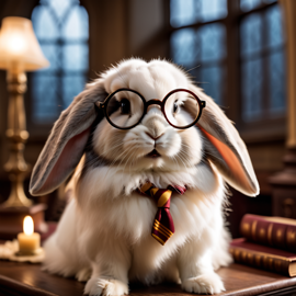 american fuzzy lop rabbit as harry potter, with glasses and hogwarts setting, capturing the magical and epic essence.