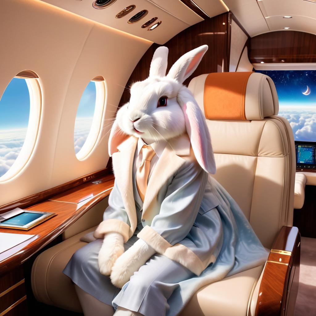 american fuzzy lop rabbit in a gulfstream private jet, dressed in elegant clothing, capturing a posh and magical moment.